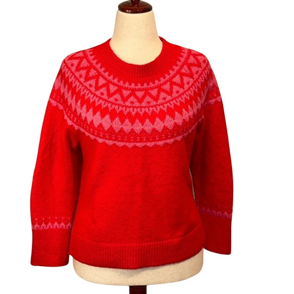 Talbots sweater Fair Isle crew red wool blend long sleeve pink pattern Sz XLP